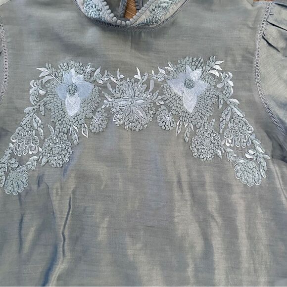 Payal Jain Carrington Embroidered Puff-Sleeved Blue Blouse - Picture 2 of 7